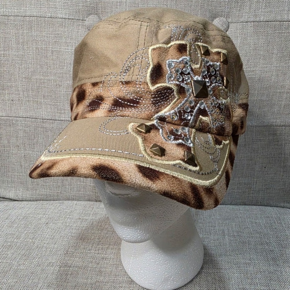 Y2K Leader Tan Leopard Print Cadet Cap Rhinestone Studded Cross Hat Western